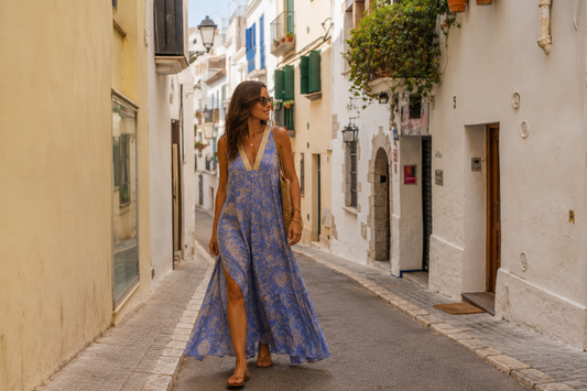 Mujer con vestido azul caminando por una calle en Sitges, destacando el estilo de Outfit Sitges.