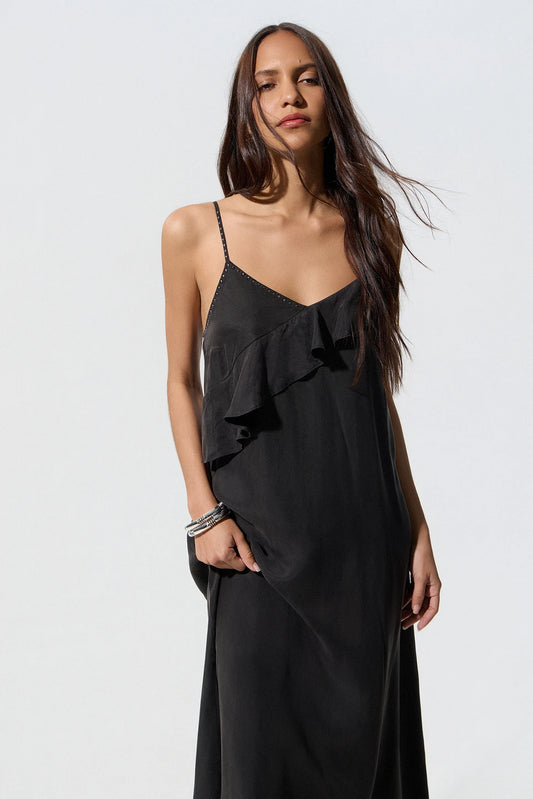VESTIDO DE CUPRO CON VOLANTE